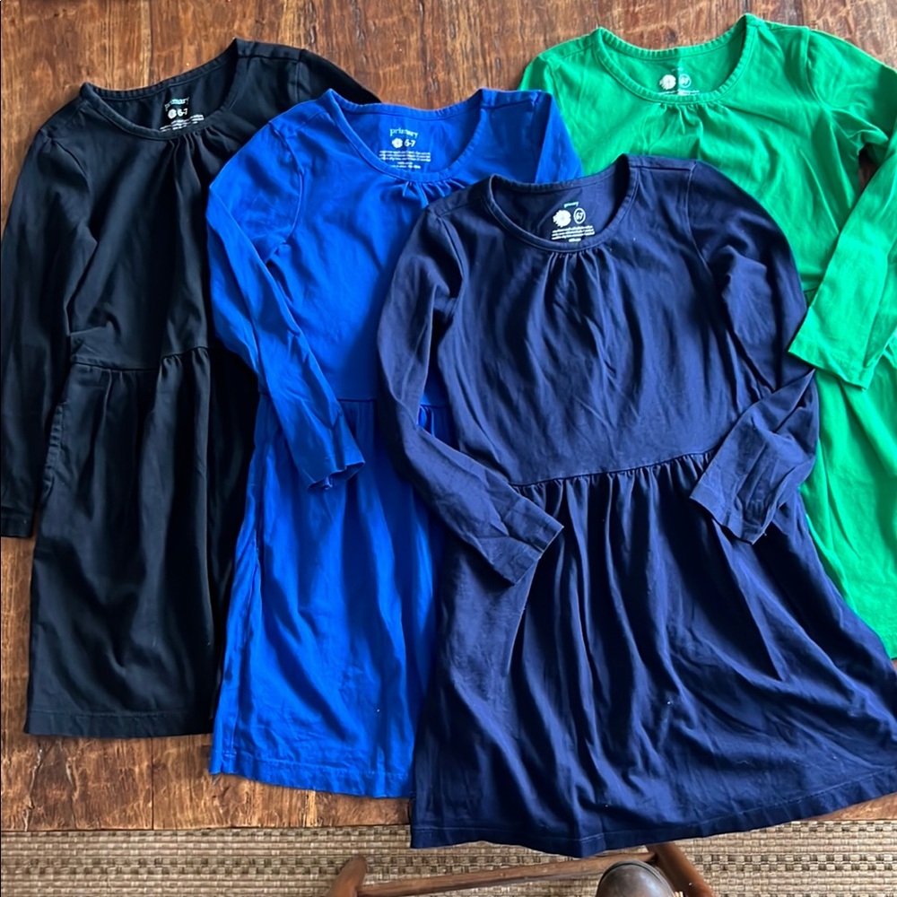 Primary Long Sleeve Dresses in Black, Green, Dark Blue and Bright Blue